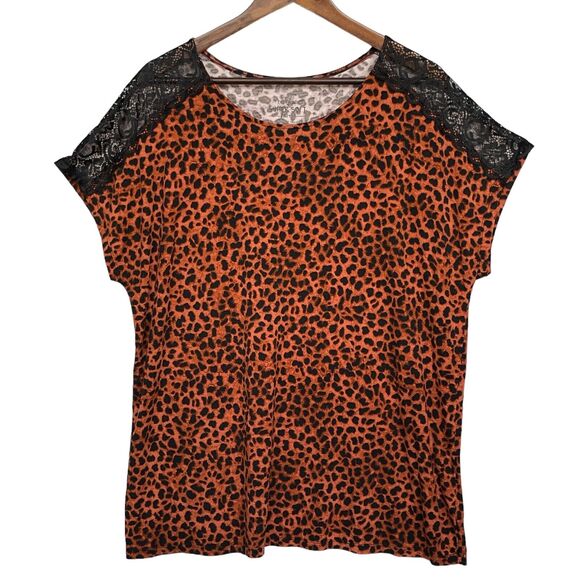 Torrid Super Soft Knit Blouse Women Size 1X Orange Animal Print Shoulder Lace - Picture 1 of 11